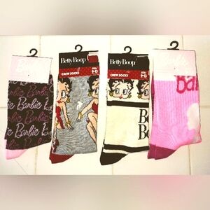 4 Pairs Novelty Socks Betty Boop Barbie Crew Socks OS Fits Most Unisex NWT